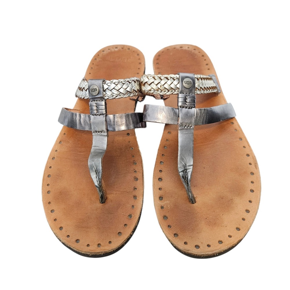 UGG Women's Audra Leather Braided Thong Silver Sandal Flip Flop Size 10